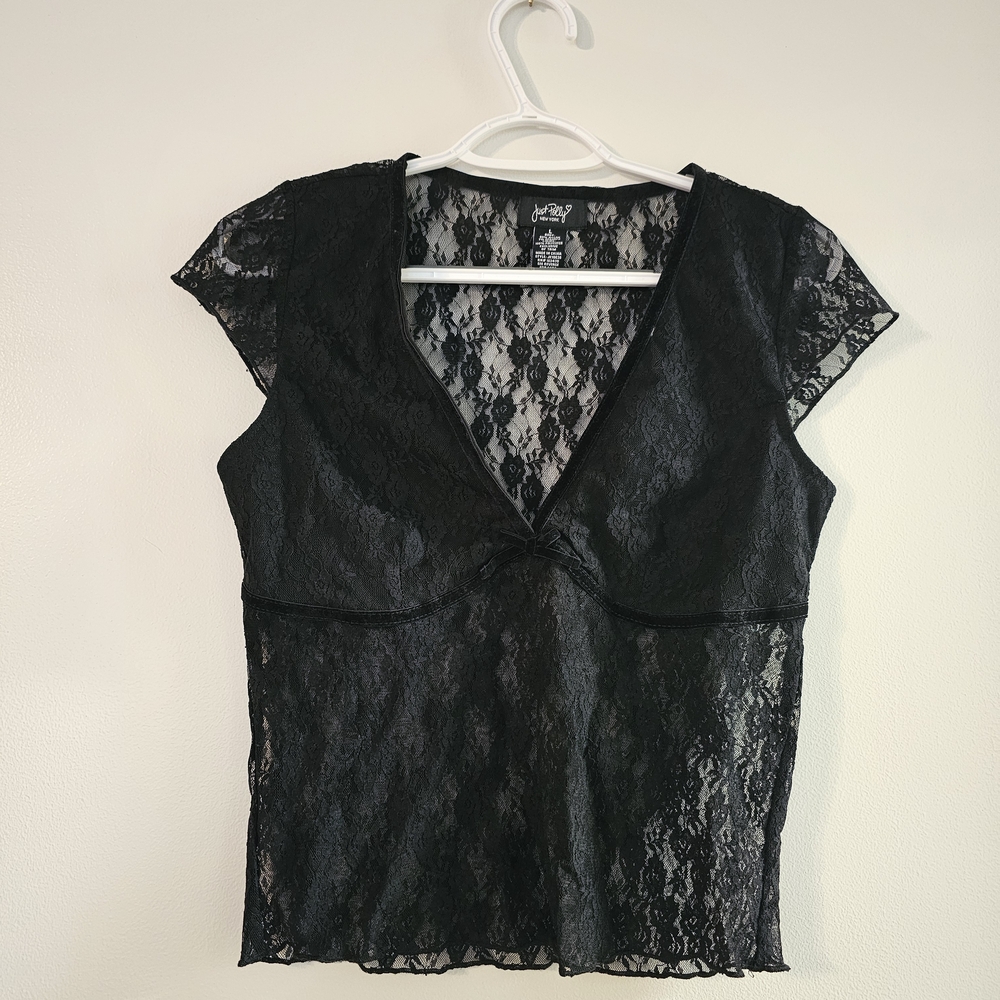 Just Polly Black Lace Top Sheer Whimsigoth Goth Size Large Dainty with Bow Fairy